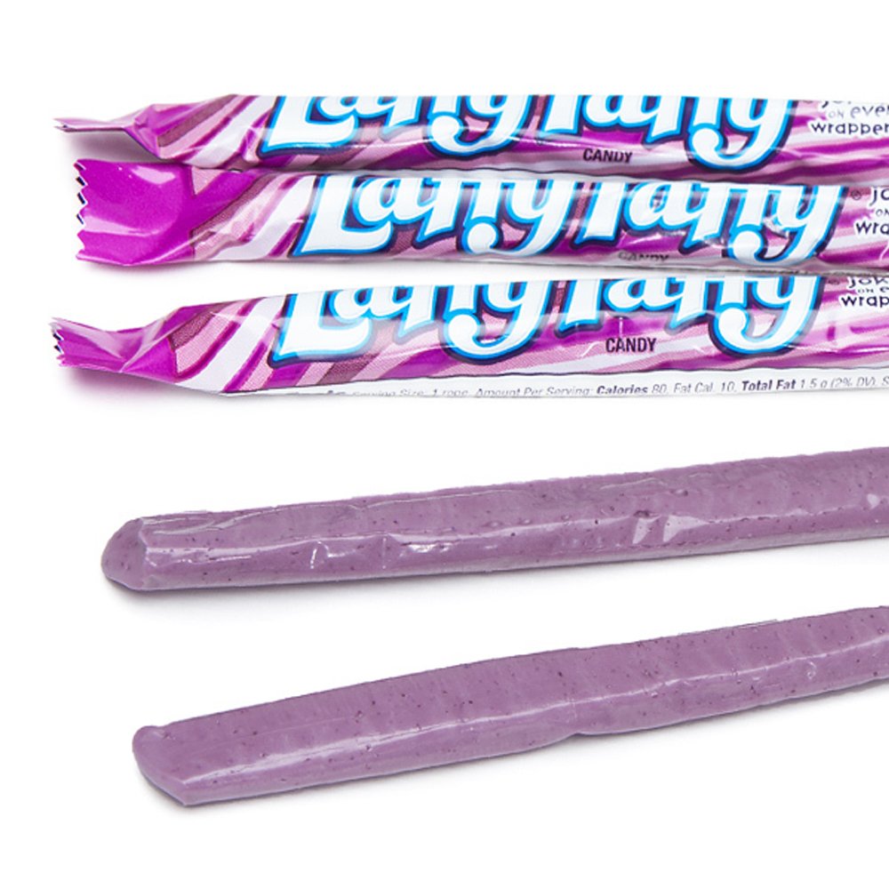 Wonka grape ropes in hand for scale showing individual wrappers and convenience