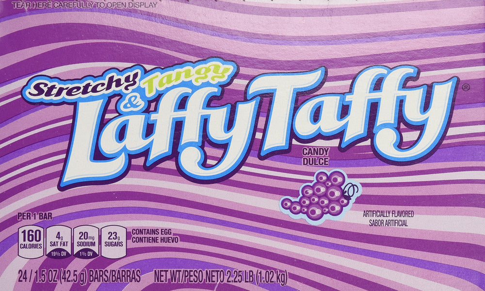 Wonka Laffy Taffy grape wrapper close-up revealing texture and flavor labeling for easy identification