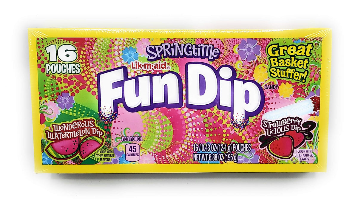 Wonka front packaging showing 16-count springtime Fun Dip, bright easter-ready display benefits gifting