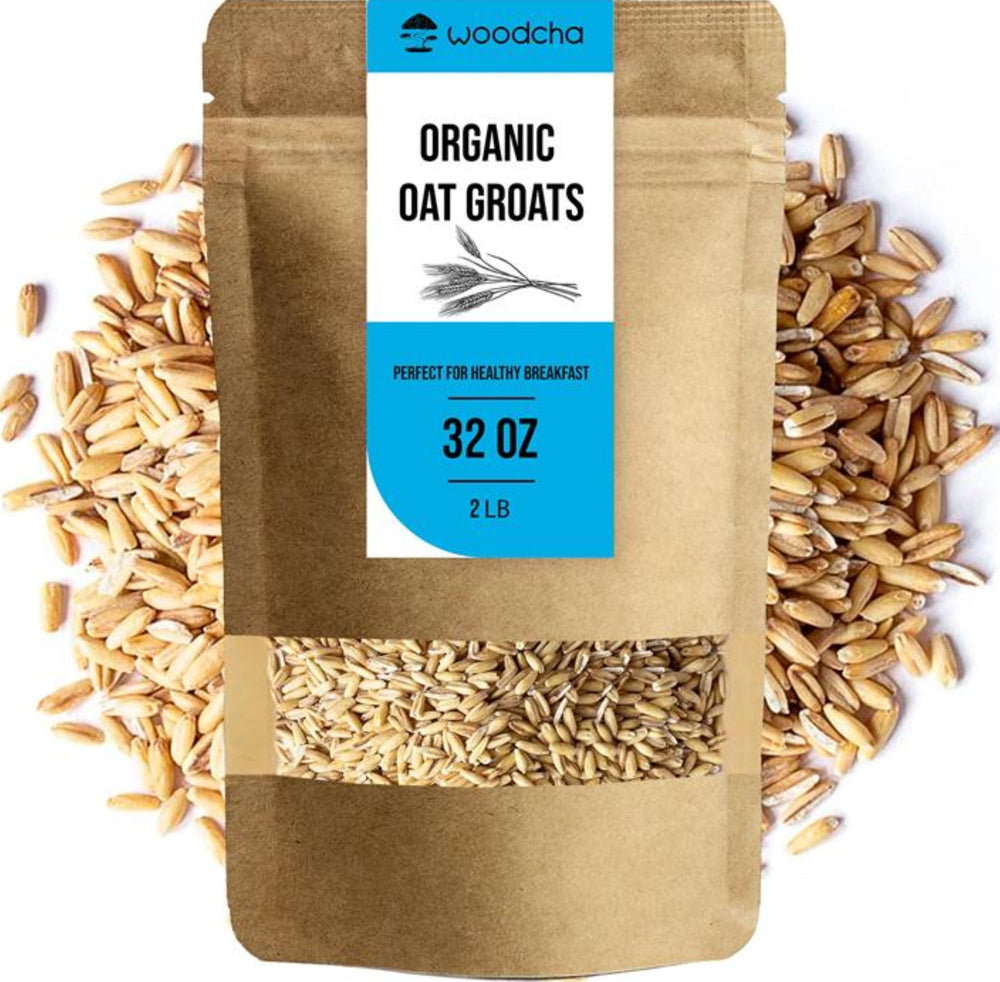 WOODCHA front packaging showing 2 lb organic oat groats and clear nutrition benefits