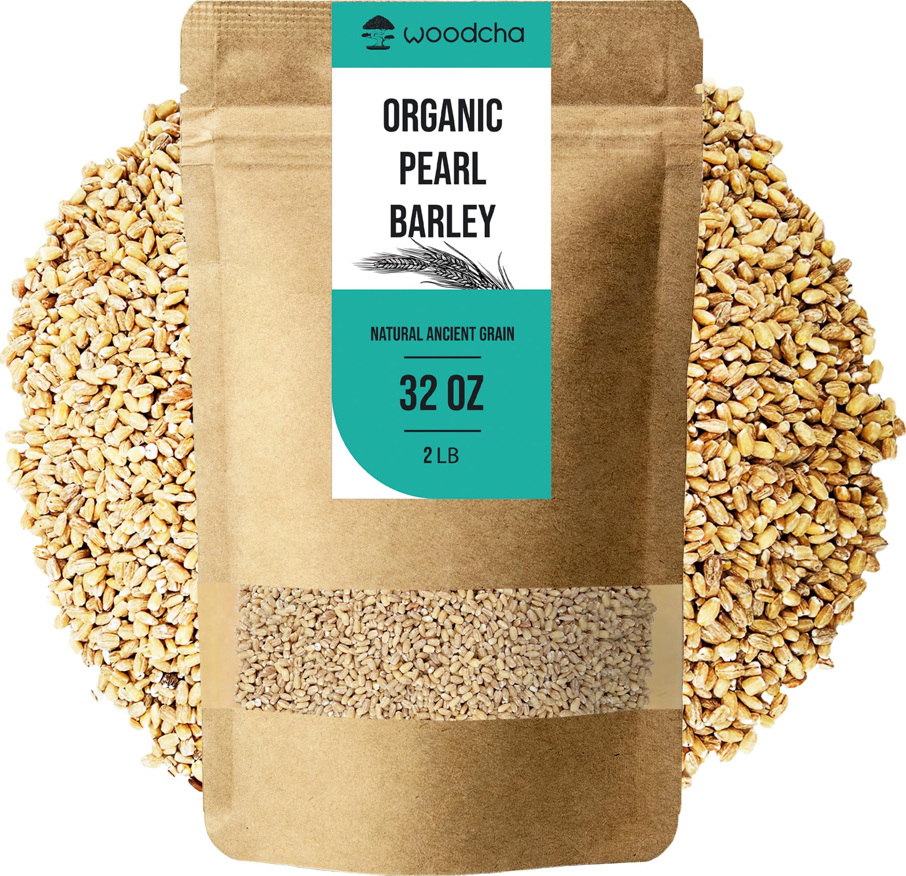 WOODCHA front packaging showing organic pearl barley and product benefits