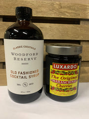 Woodford and Luxardo front packaging showing cherries and syrup, adds cocktail-ready convenience