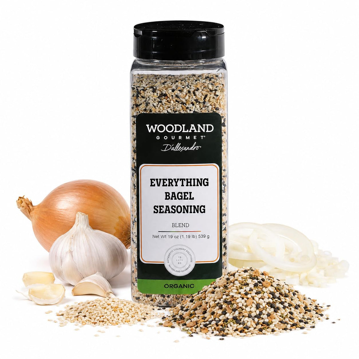 Woodland Gourmet jar front label showing organic everything seasoning and size benefit