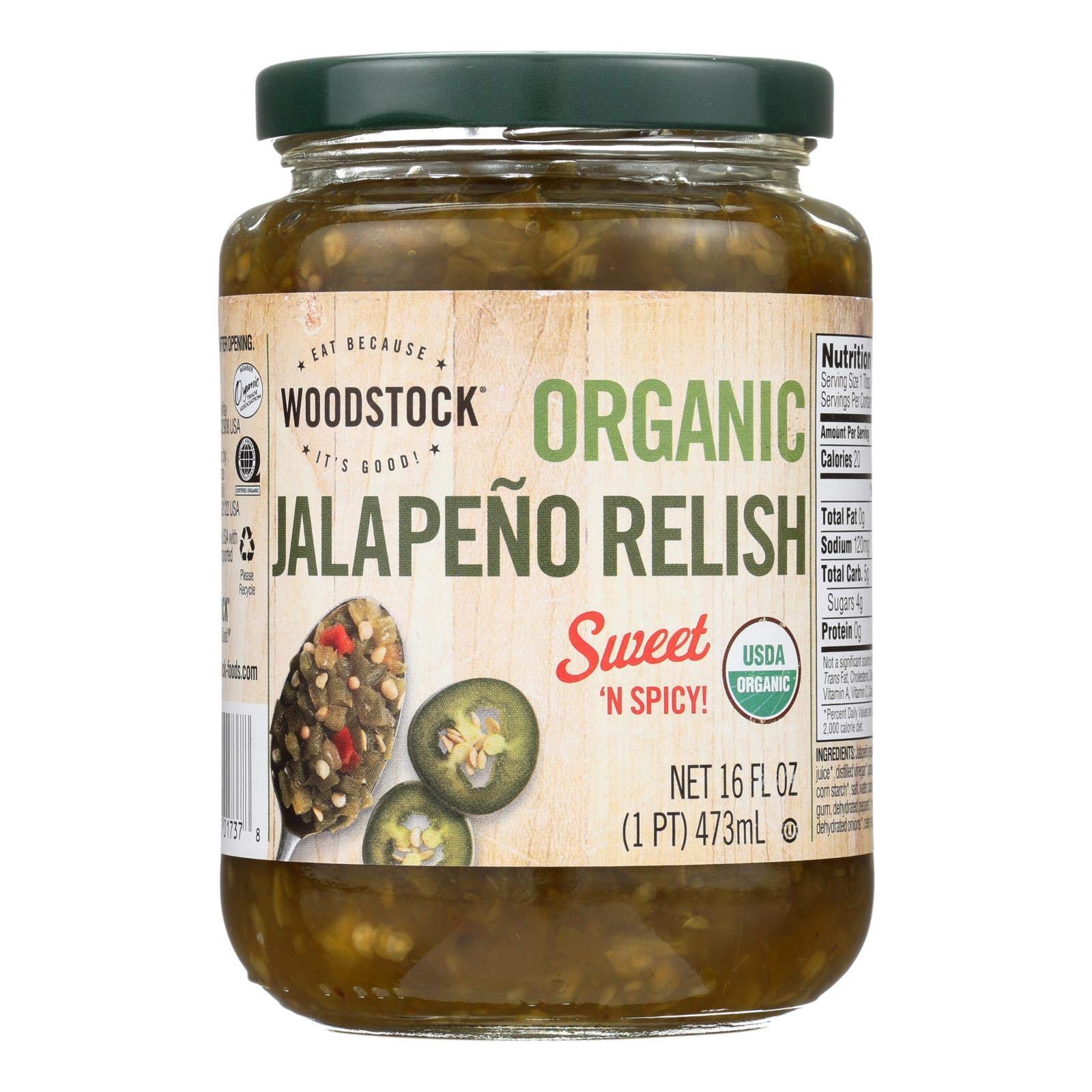 Woodstock Farms jar front label showing organic jalapeño relish and brand