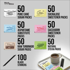 WorkBrew assorted sweetener packets spread out to show all six types