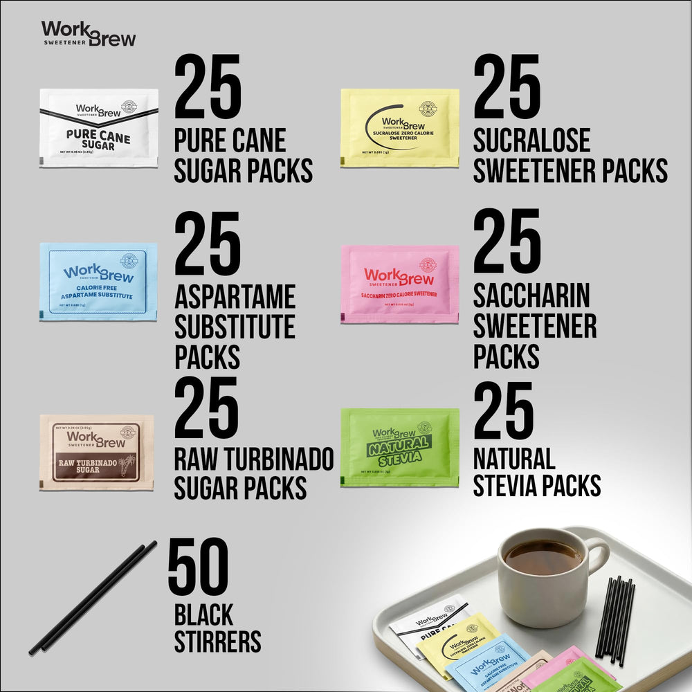 WorkBrew close-up view of individually wrapped sweetener packets for hygienic portions