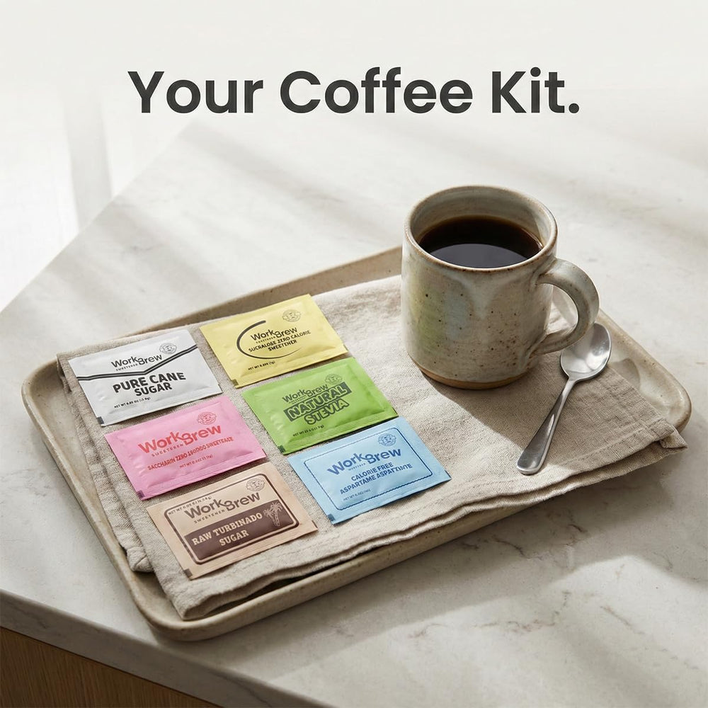 WorkBrew coffee station with packets and stirrers demonstrating ready-to-serve hospitality