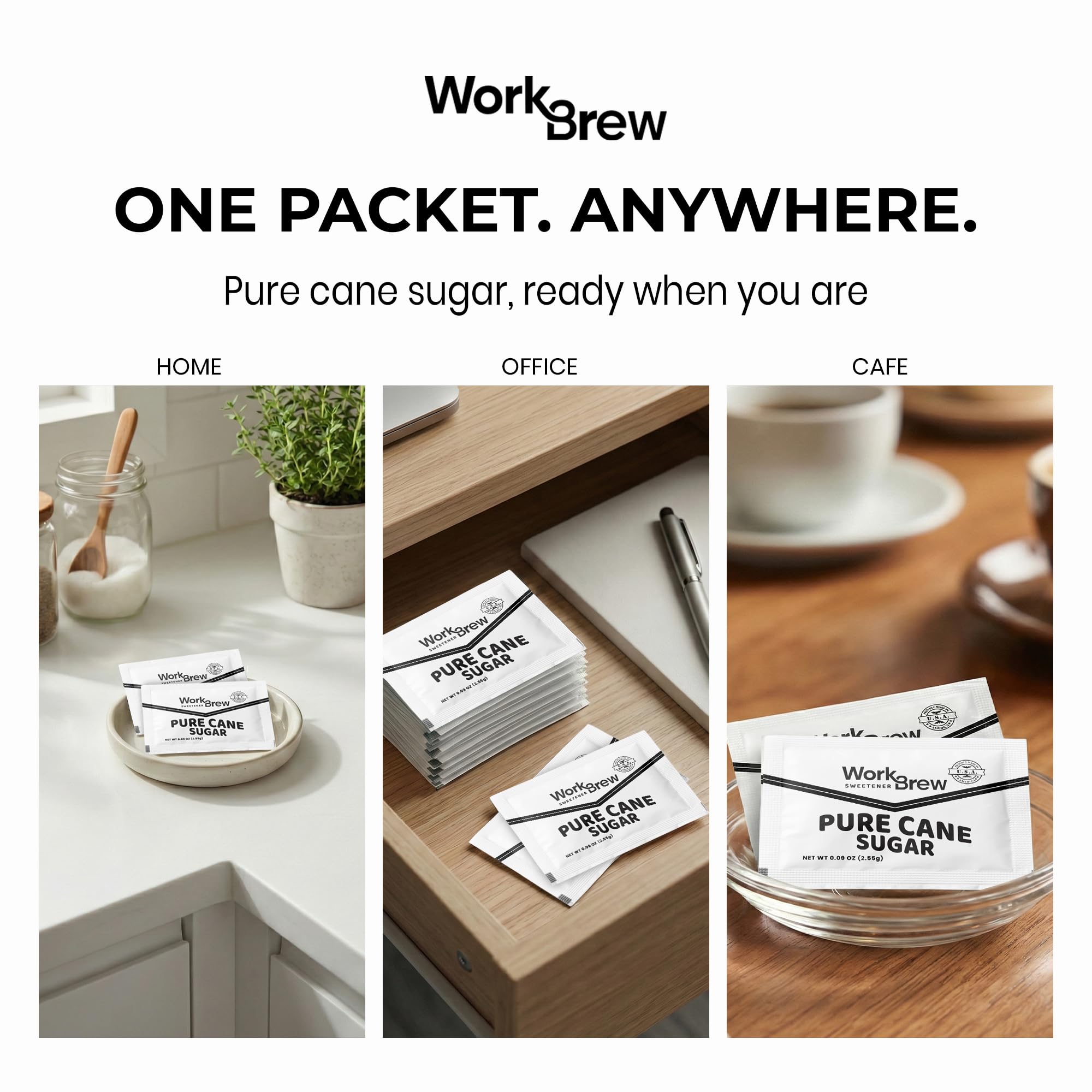 WorkBrew packets arranged in a countertop basket for neat presentation and access