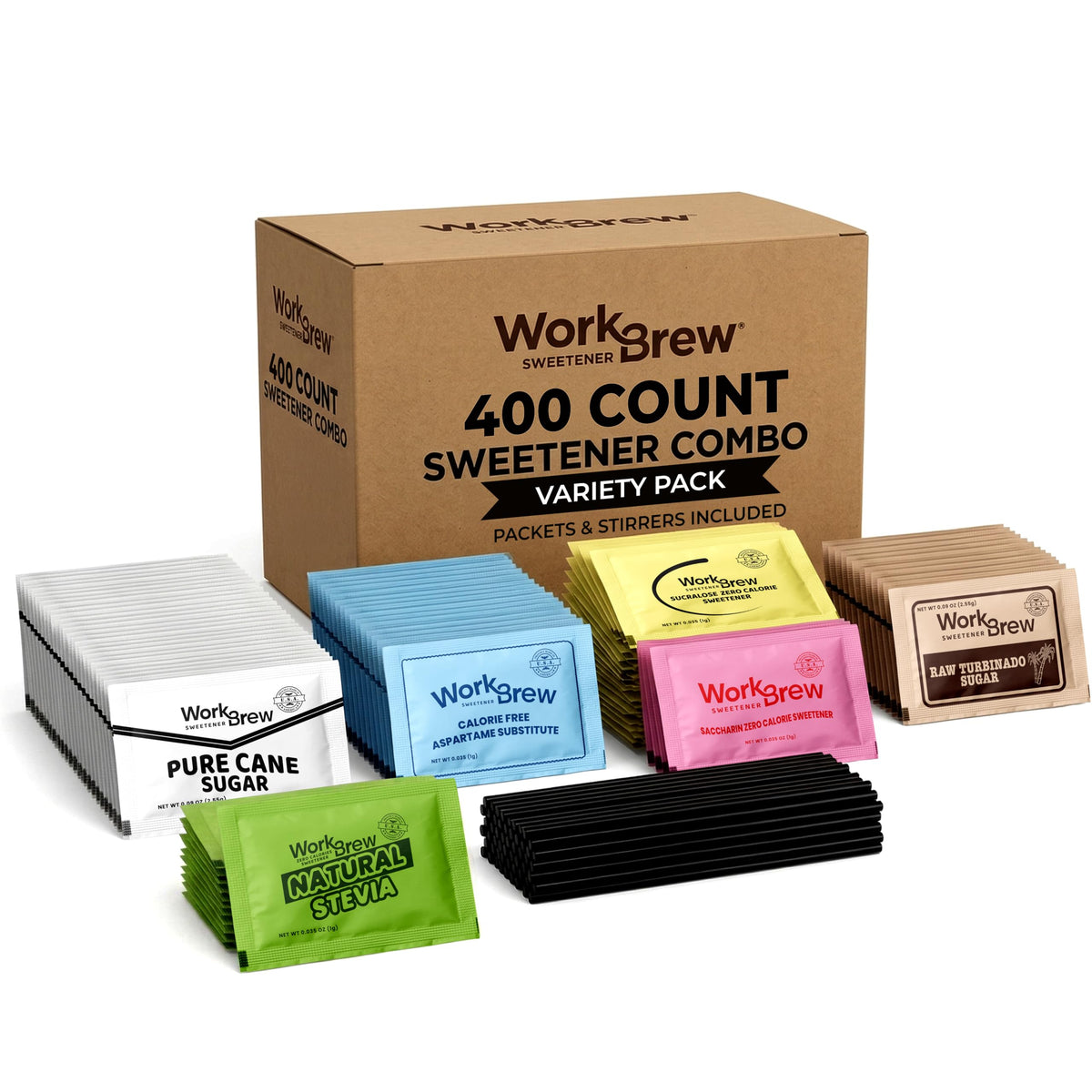 WorkBrew front packaging showing 400-count variety pack and included stirrers