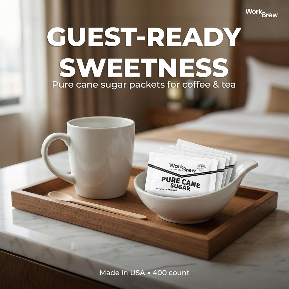 WorkBrew packet beside steaming coffee illustrating fast sweetening in beverages