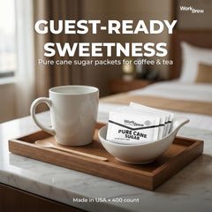 WorkBrew packet beside steaming coffee illustrating fast sweetening in beverages