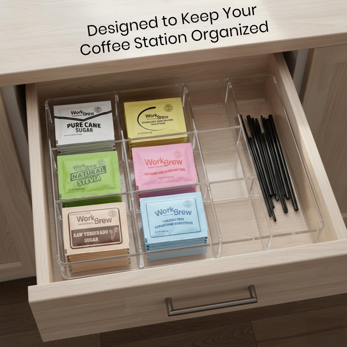 WorkBrew variety pack displayed on a coffee station for guest convenience