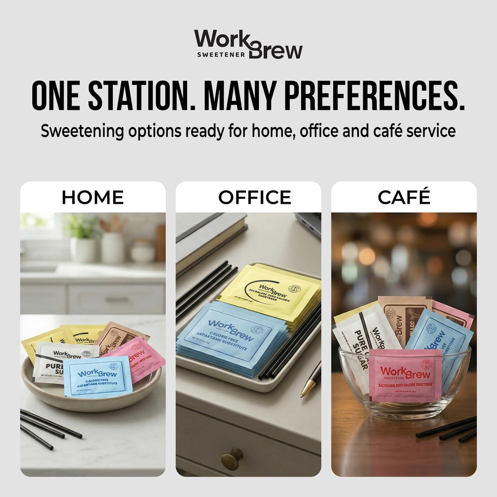 WorkBrew packets displayed in a countertop dispenser demonstrating tidy accessibility