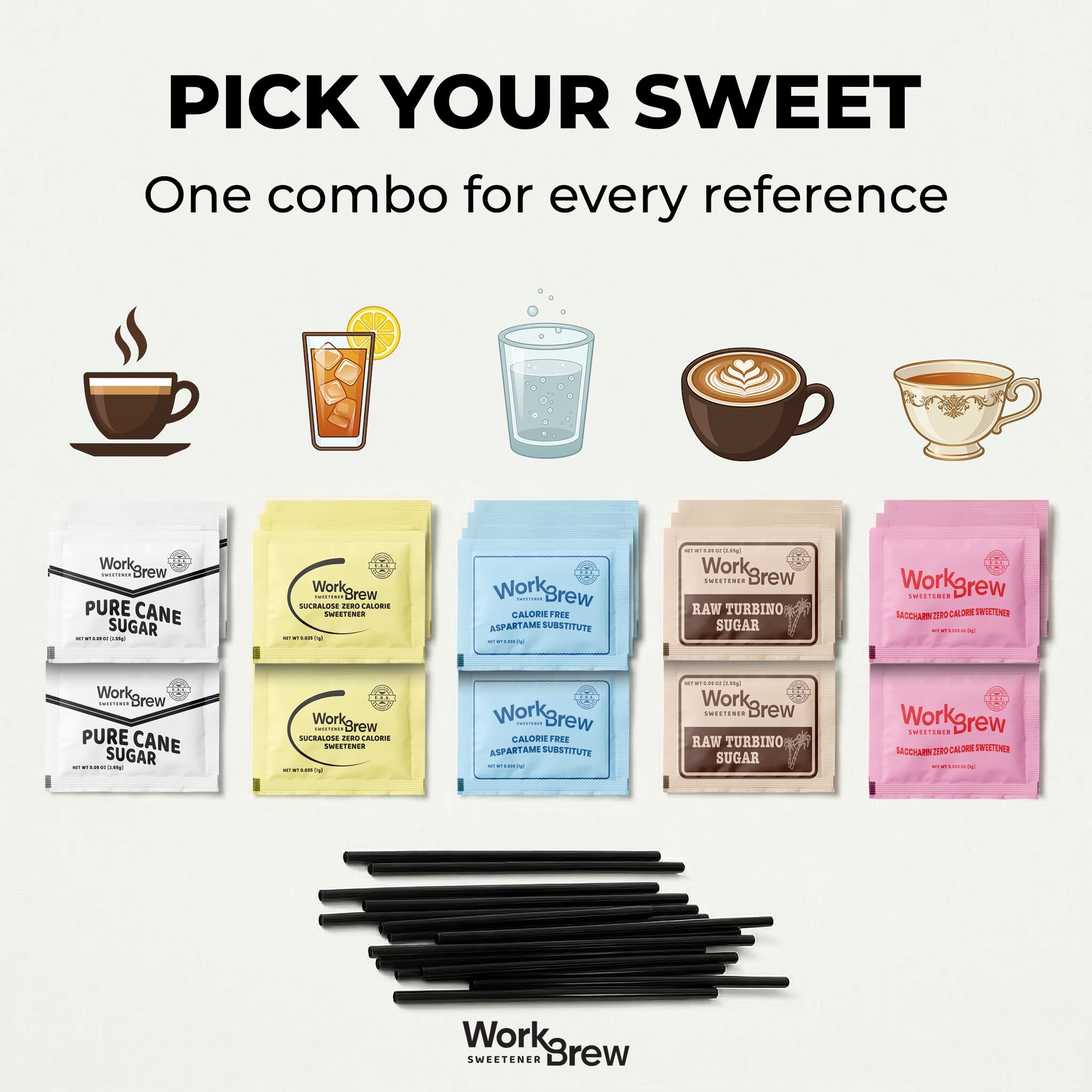 WorkBrew sweetener packets next to a coffee cup showing practical hospitality use