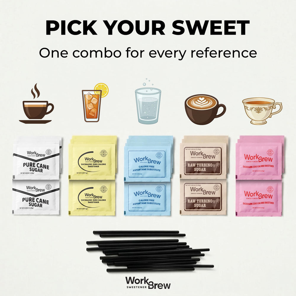 WorkBrew sweetener packets next to a coffee cup showing practical hospitality use