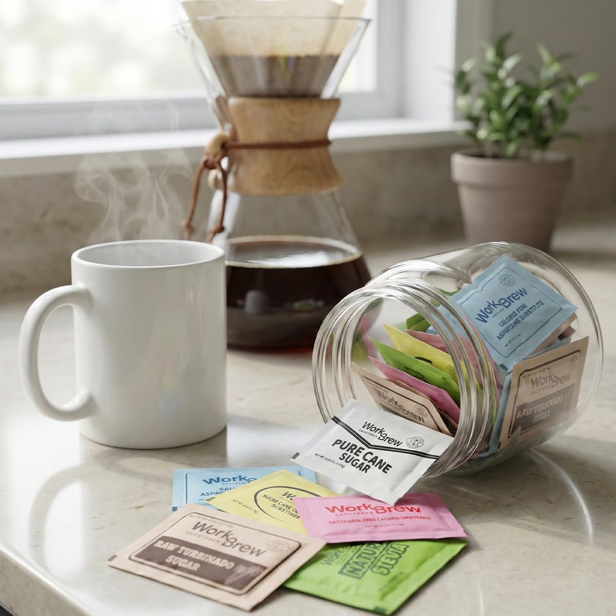 WorkBrew packets in hand for scale showing portion size and easy grab-and-go benefit