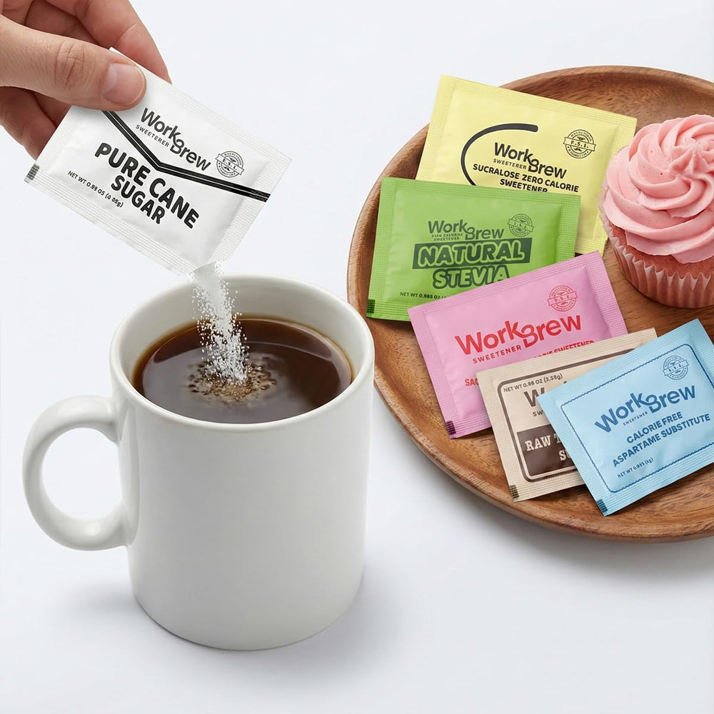 WorkBrew stevia packet beside a teacup illustrating a zero-calorie sweetener option
