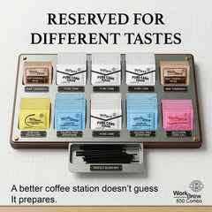WorkBrew black stirrers with mixed packets arranged for easy service and convenience