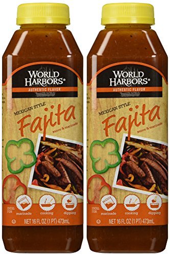 World Harbors bottle front label showing fajita sauce, clear branding and usage benefit