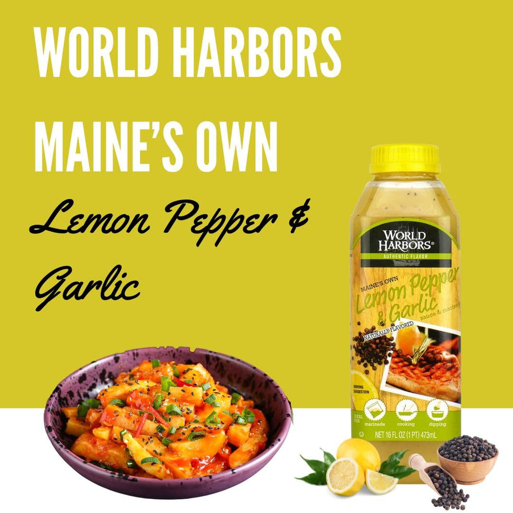 World Harbors bottle on kitchen counter beside prepared plate, ready to serve