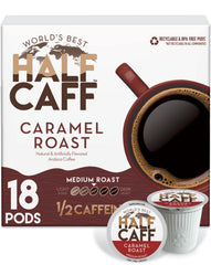 World's Best Half Caff front packaging showing 18-count pods and caramel flavor benefit