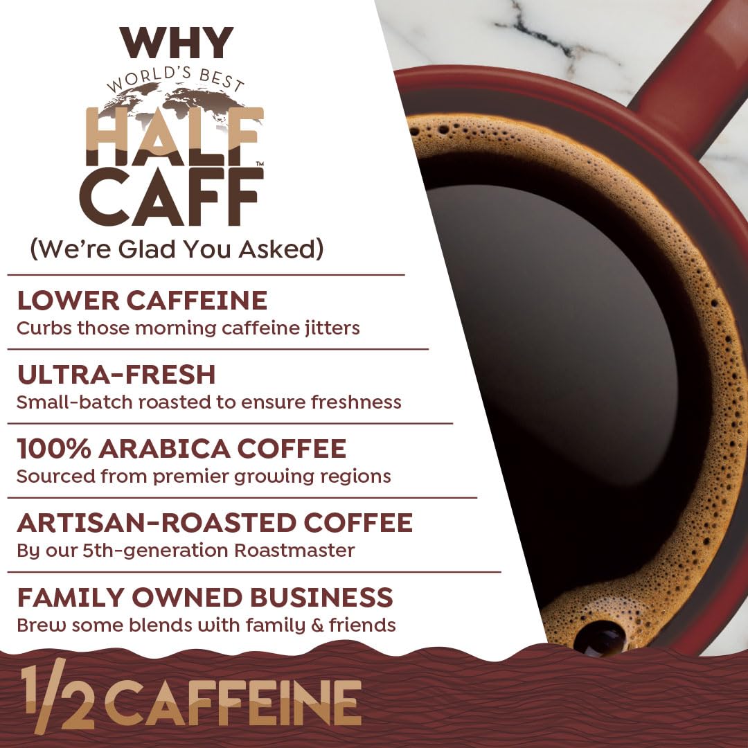 World's Best Half Caff coffee beans and grounds illustrating 100% Arabica quality