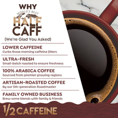 World's Best Half Caff coffee beans and grounds illustrating 100% Arabica quality