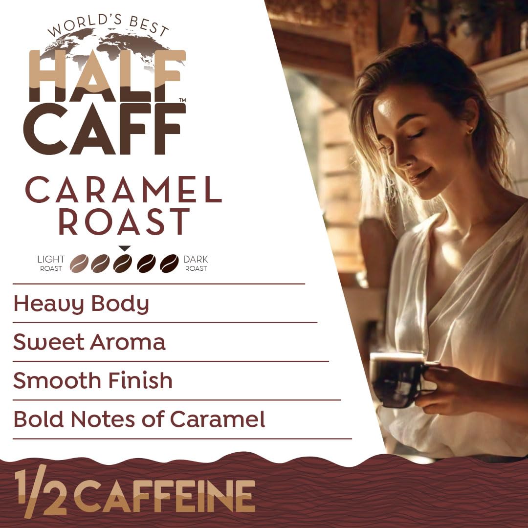 World's Best Half Caff pouring brewed caramel coffee into a cup showing rich body