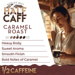 World's Best Half Caff pouring brewed caramel coffee into a cup showing rich body