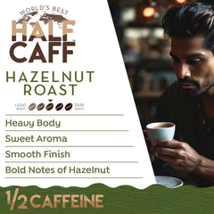 World's Best Half Caff hazelnut coffee pouring into cup demonstrating rich body and aroma