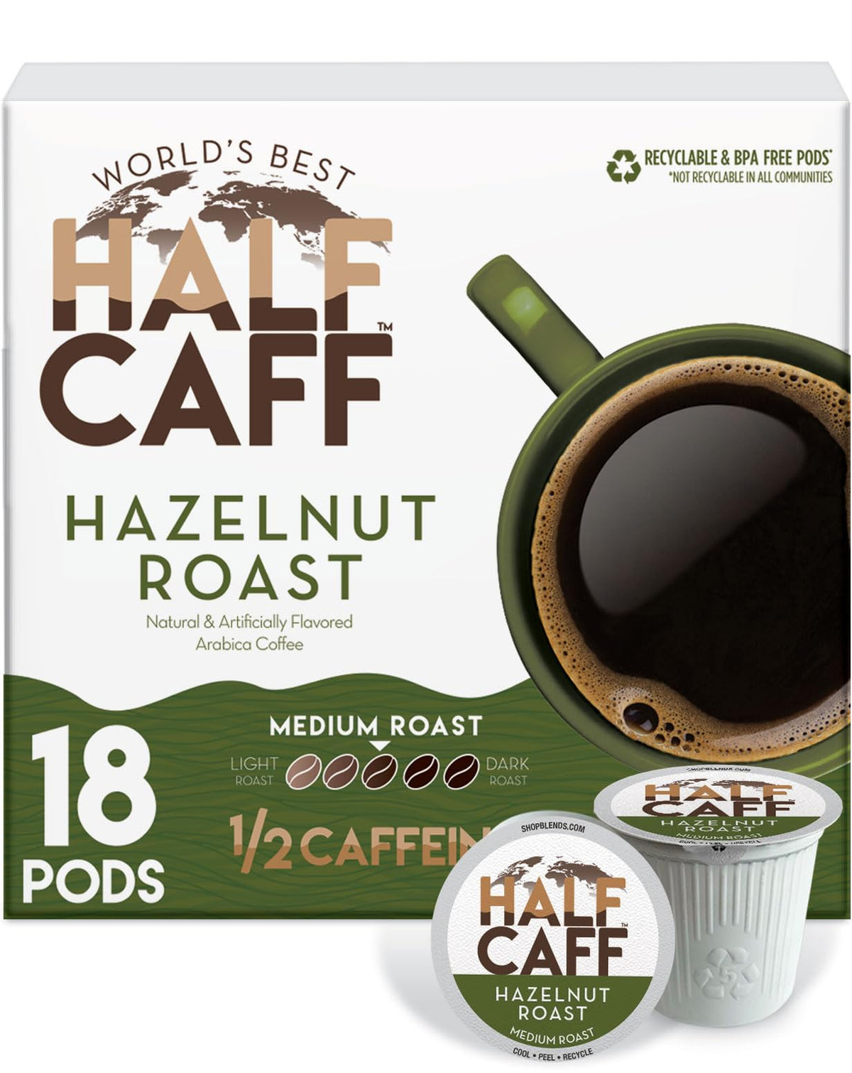 World's Best Half Caff front packaging showing 18ct pods and hazelnut imagery for convenience