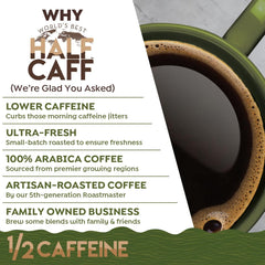 World's Best Half Caff ground coffee texture and beans highlighting artisan roast quality