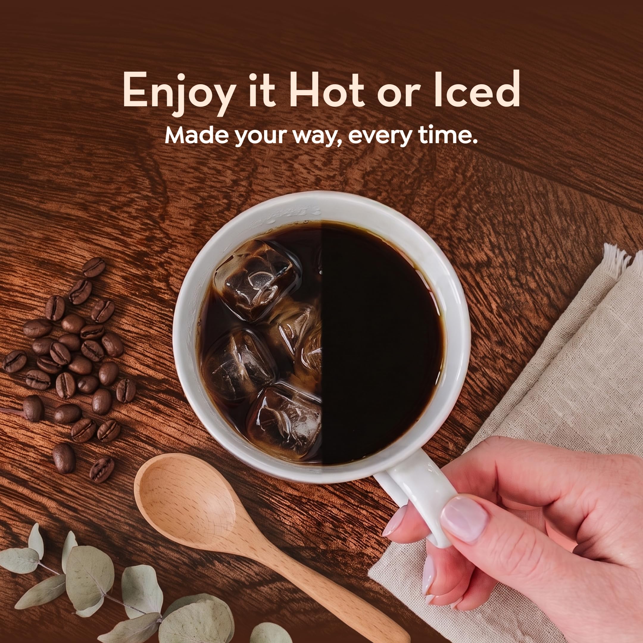 World's Best Half Caff pod beside standard coffee cup showing single-serve portion scale
