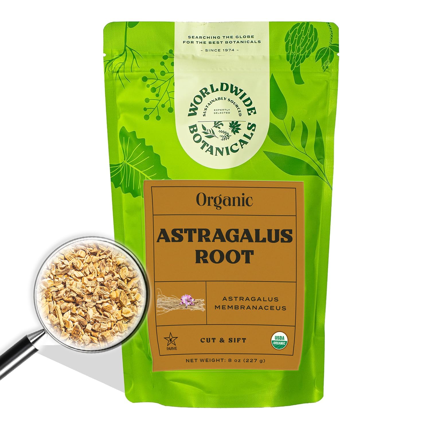 Worldwide Botanicals front packaging showing organic astragalus, convenient pantry herb