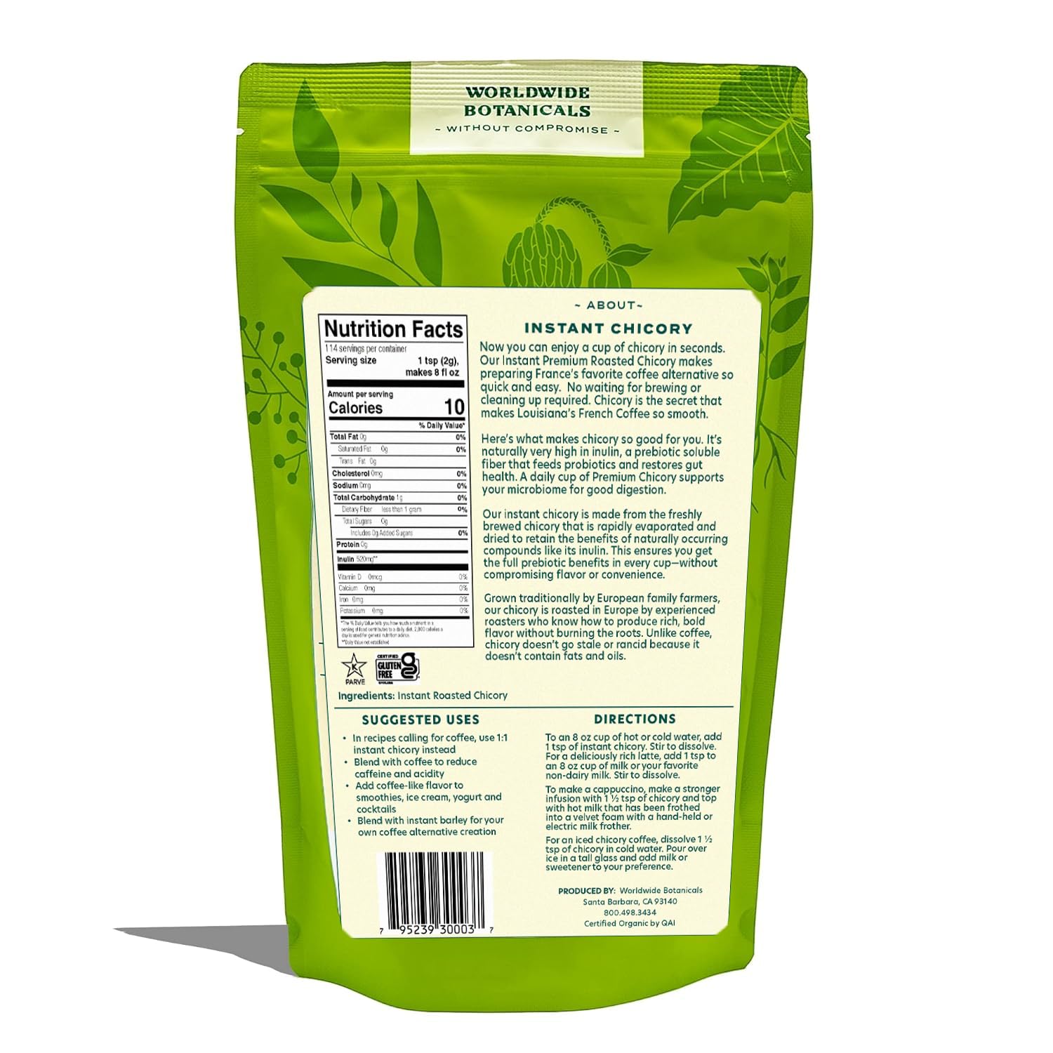 Worldwide Botanicals close-up of instant chicory granules highlighting fine texture for easy mixing