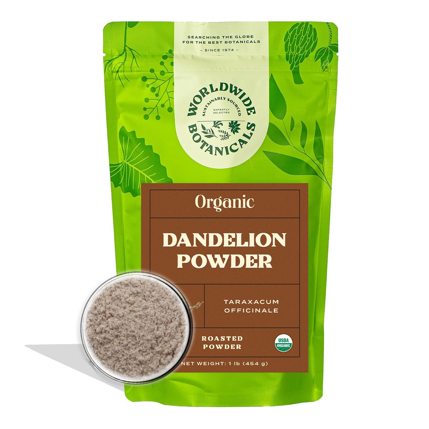 Worldwide Botanicals front packaging showing 1 lb dandelion root powder, clear labeling and benefits