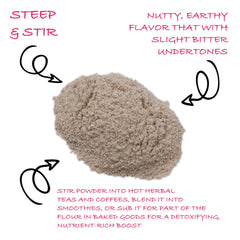 Worldwide Botanicals powder blended into a smoothie, adding prebiotic fiber and earthy flavor