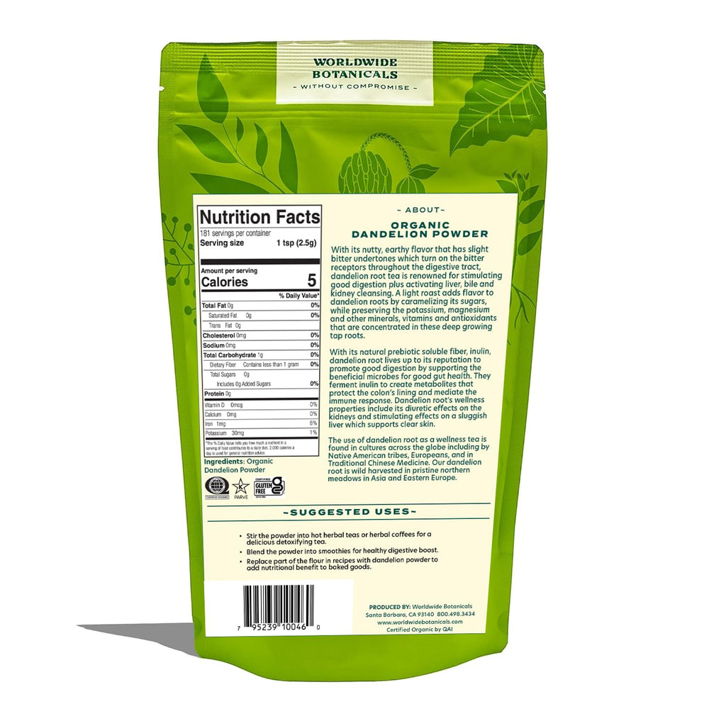Worldwide Botanicals close-up of powder texture, fine grind and roasted color for easy mixing