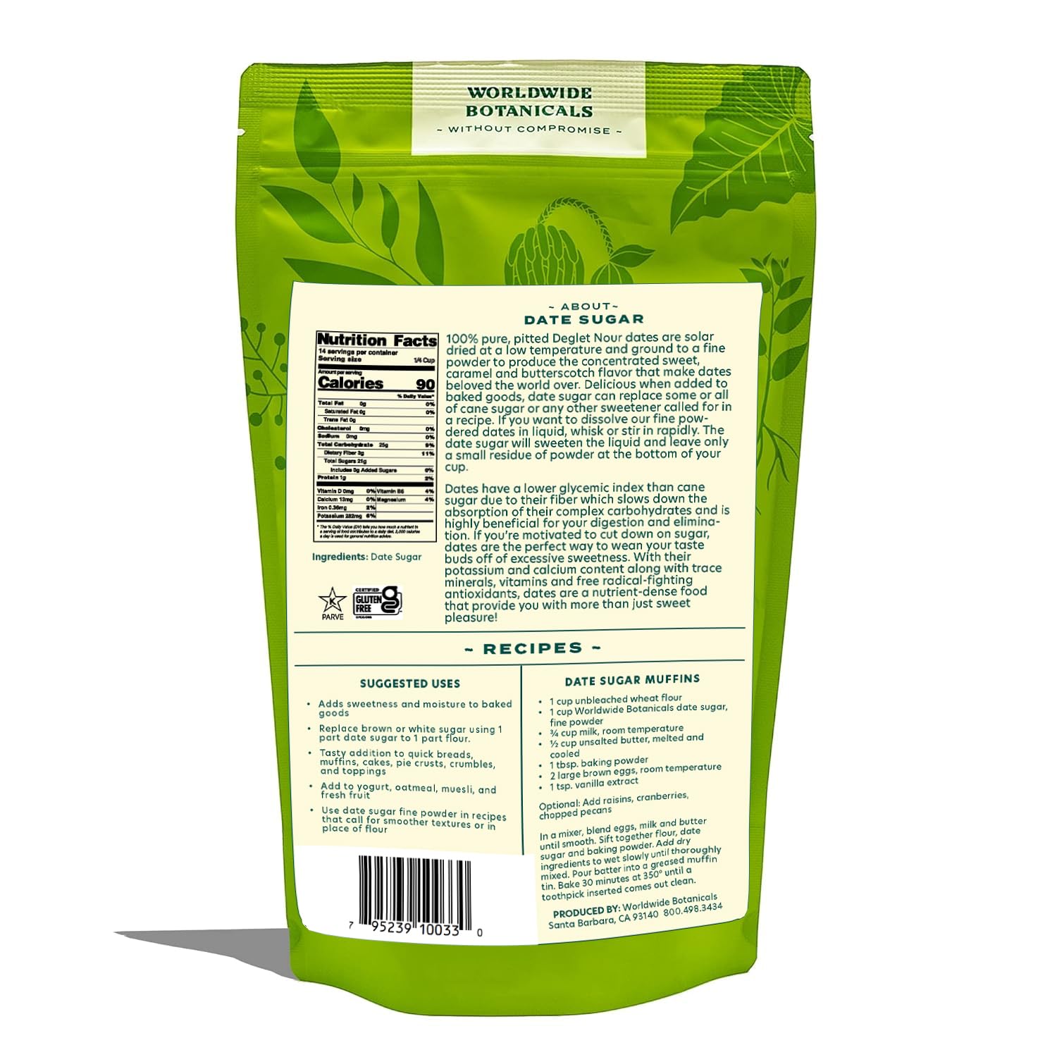 Worldwide Botanicals close-up of fine date sugar texture, shows powdery consistency for smooth baking