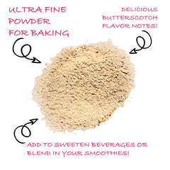 Close-up fine powder texture of Worldwide Botanicals date sugar, highlighting natural whole-fruit fiber