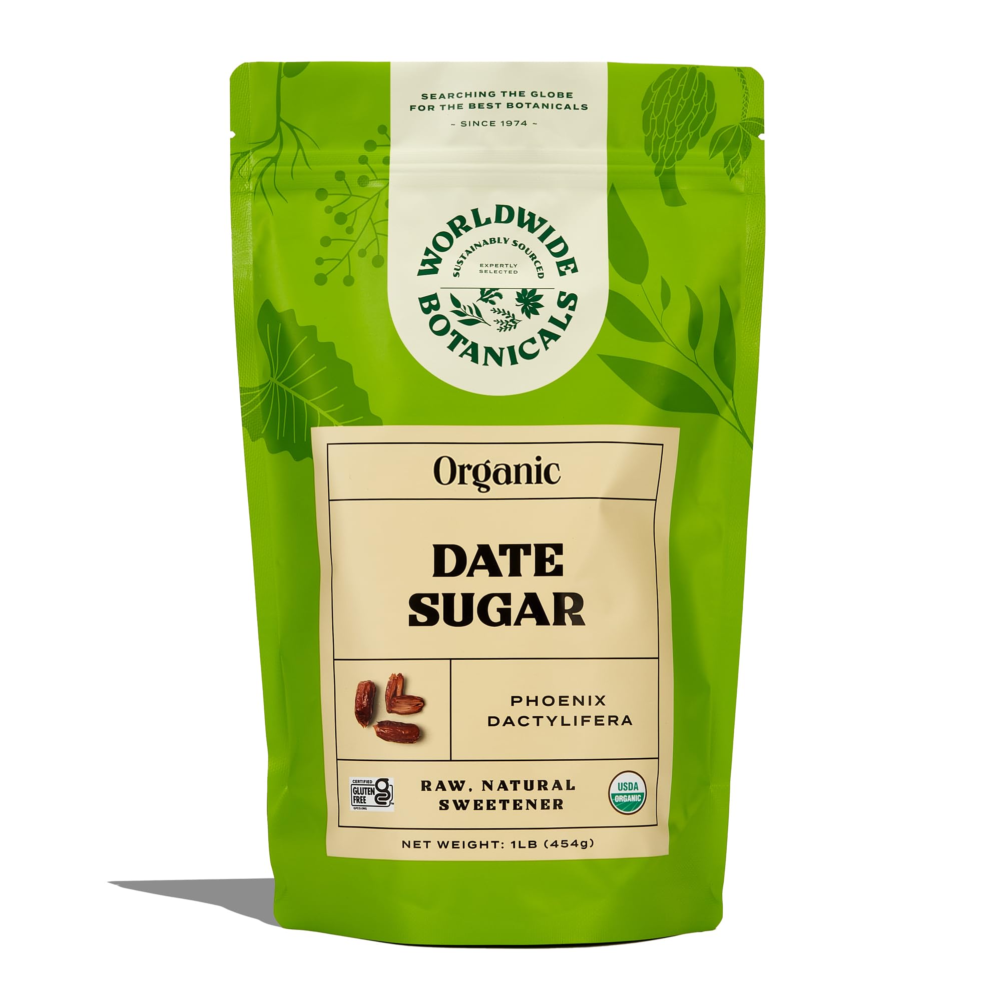 Worldwide Botanicals front packaging of one-pound date sugar, shows organic seal and resealable bag benefit