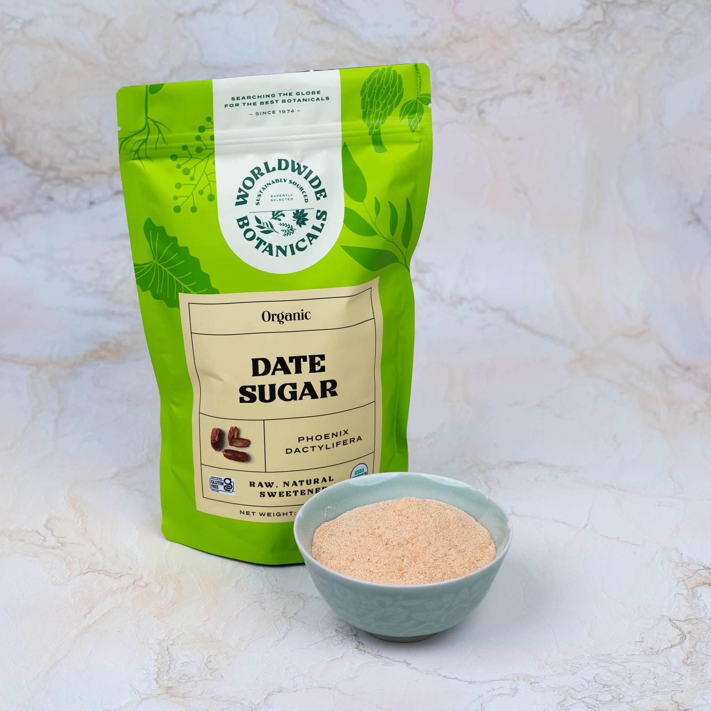 One-pound Worldwide Botanicals date sugar next to a kitchen scale, clear size and quantity reference