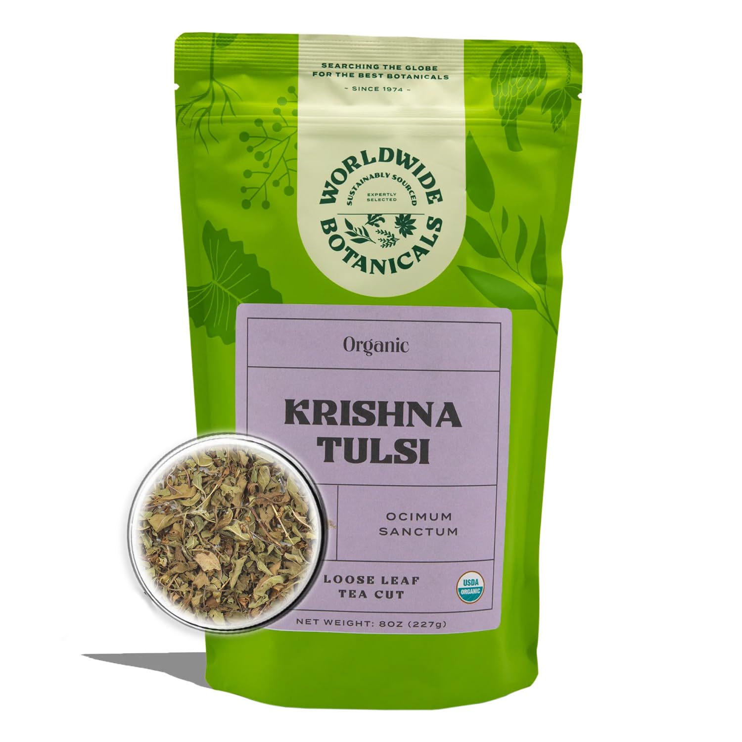 Worldwide Botanicals front packaging showing 8oz Krishna Tulsi organic tea benefits