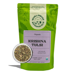 Worldwide Botanicals front packaging showing 8oz Krishna Tulsi organic tea benefits