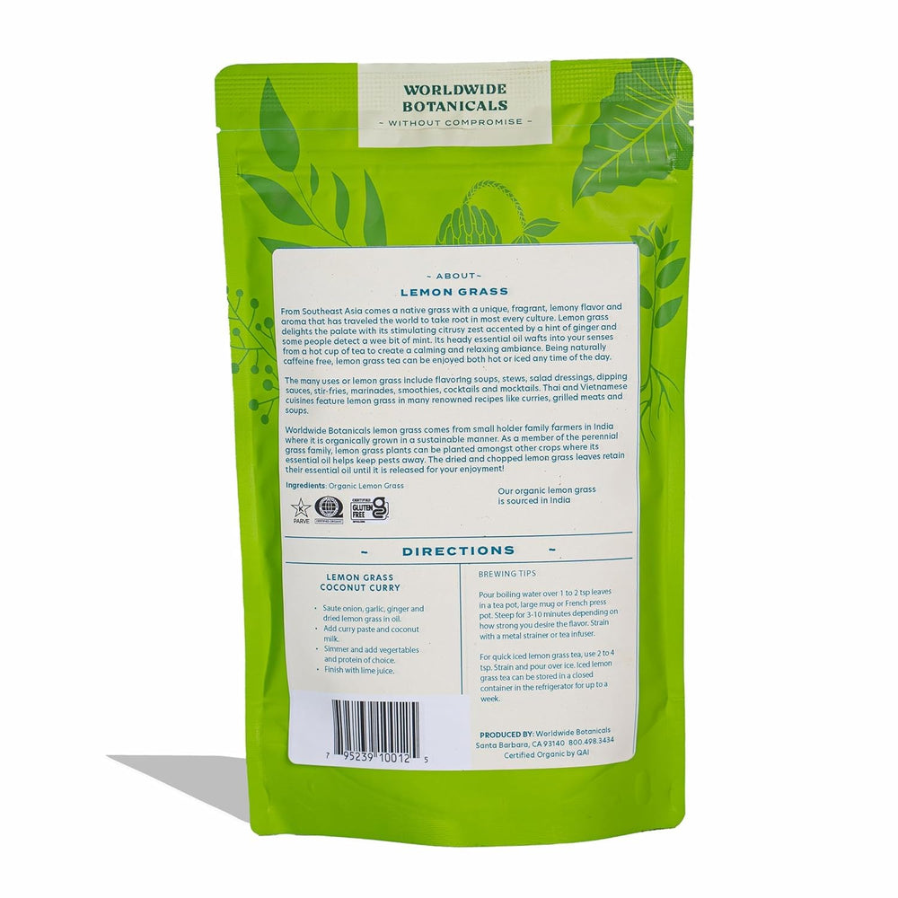 Worldwide Botanicals close-up of dried lemongrass leaves showing texture and fresh citrus aroma benefit