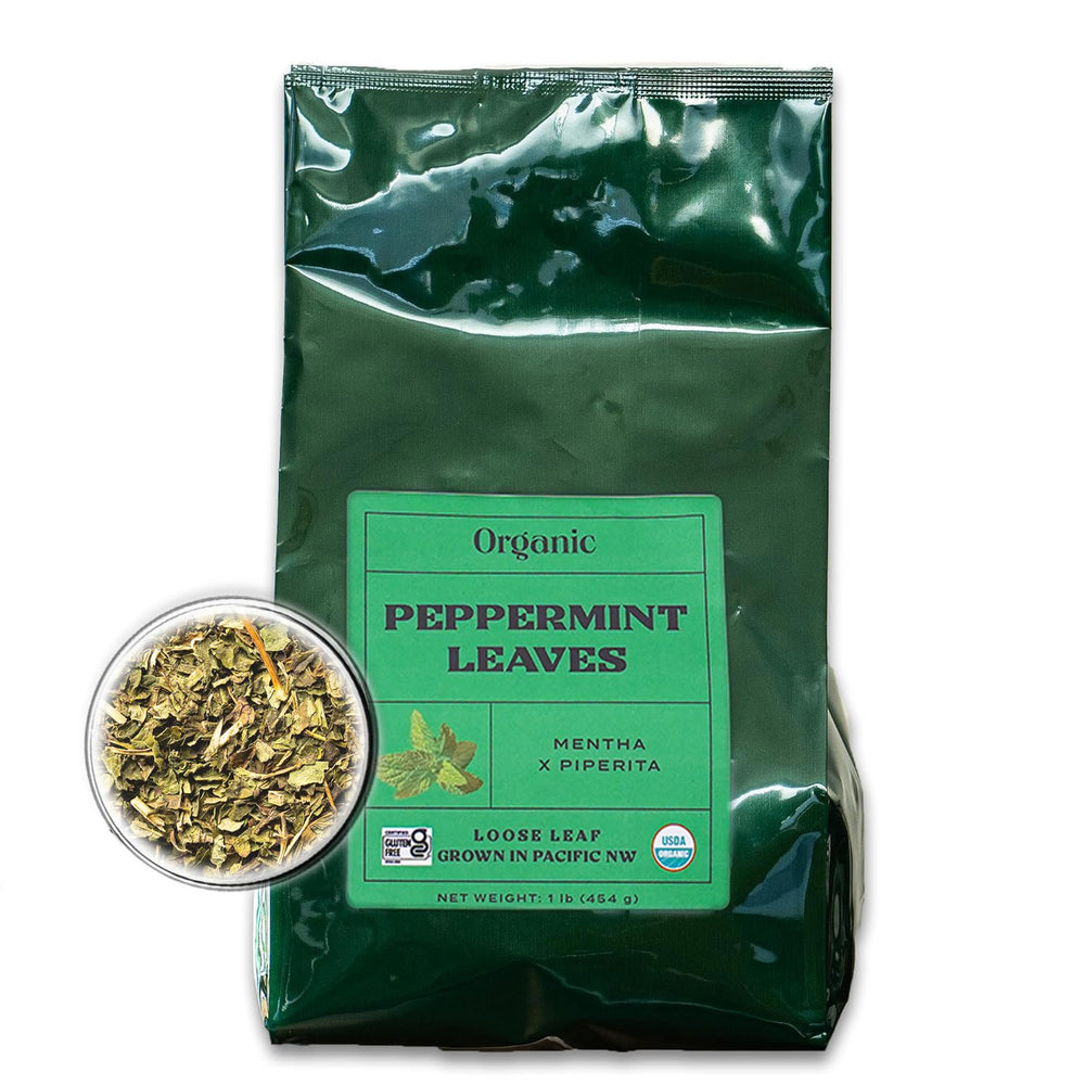 Worldwide Botanicals front pouch packaging showing organic peppermint and resealable zipper benefit