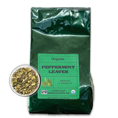 Worldwide Botanicals front pouch packaging showing organic peppermint and resealable zipper benefit