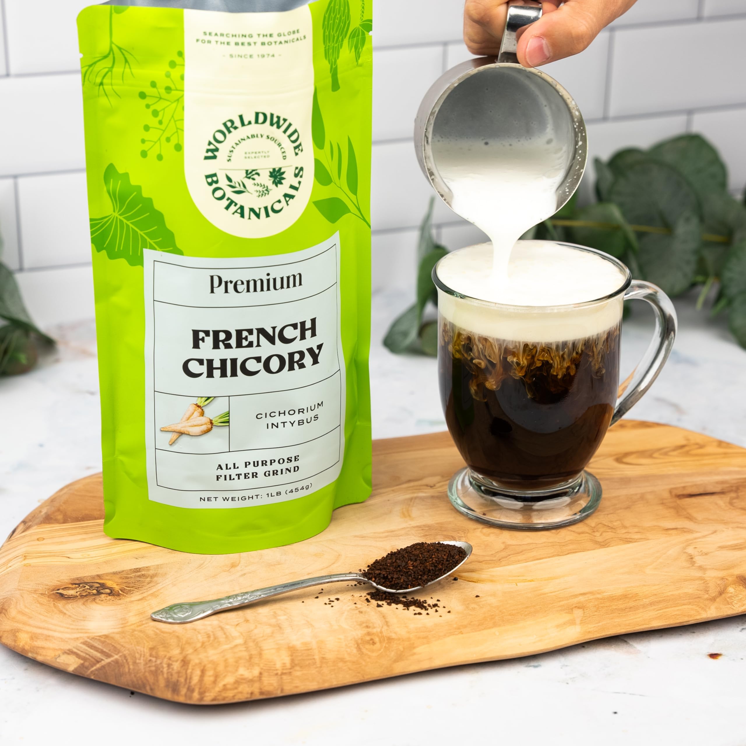 Worldwide Botanicals measuring spoon with chicory indicating scoop size and easy portion control