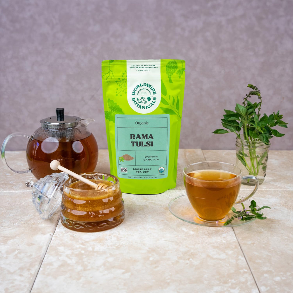 Worldwide Botanicals tea infuser with Rama leaves demonstrating easy loose-leaf brewing