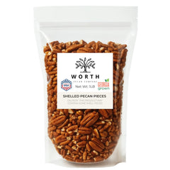 Worth Pecan Company front of bag showing resealable pack and label for freshness